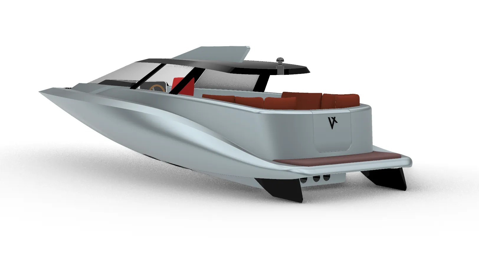 Early studio render of the boat stern with V monogram hatch and two dark appendages