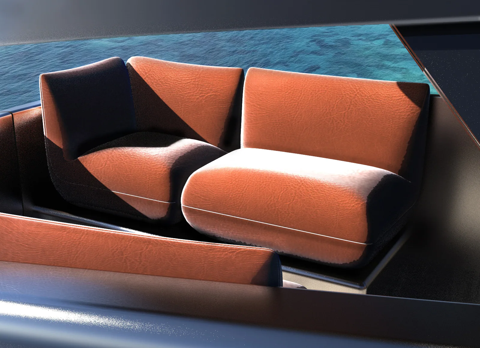 Tan leather seating inside the yacht cockpit