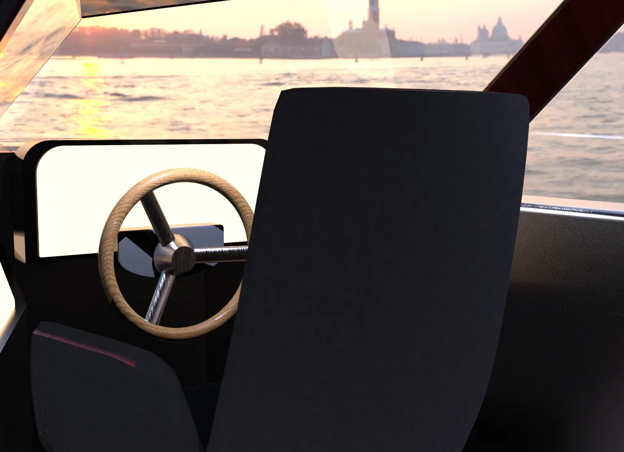 Wood-rimmed steering wheel at the helm with Venice outside