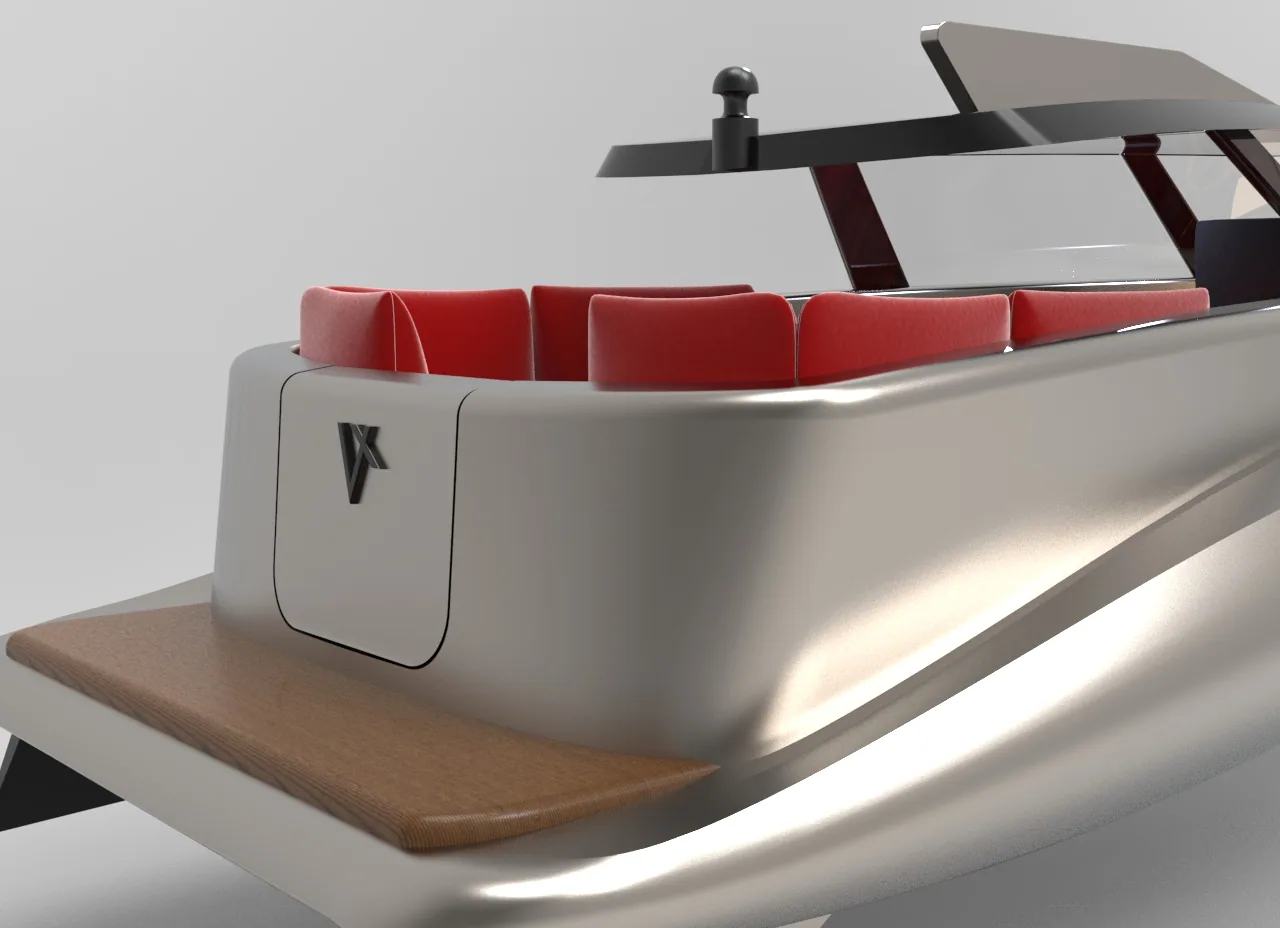 Rear detail of the yacht with red seats on a grey studio backdrop