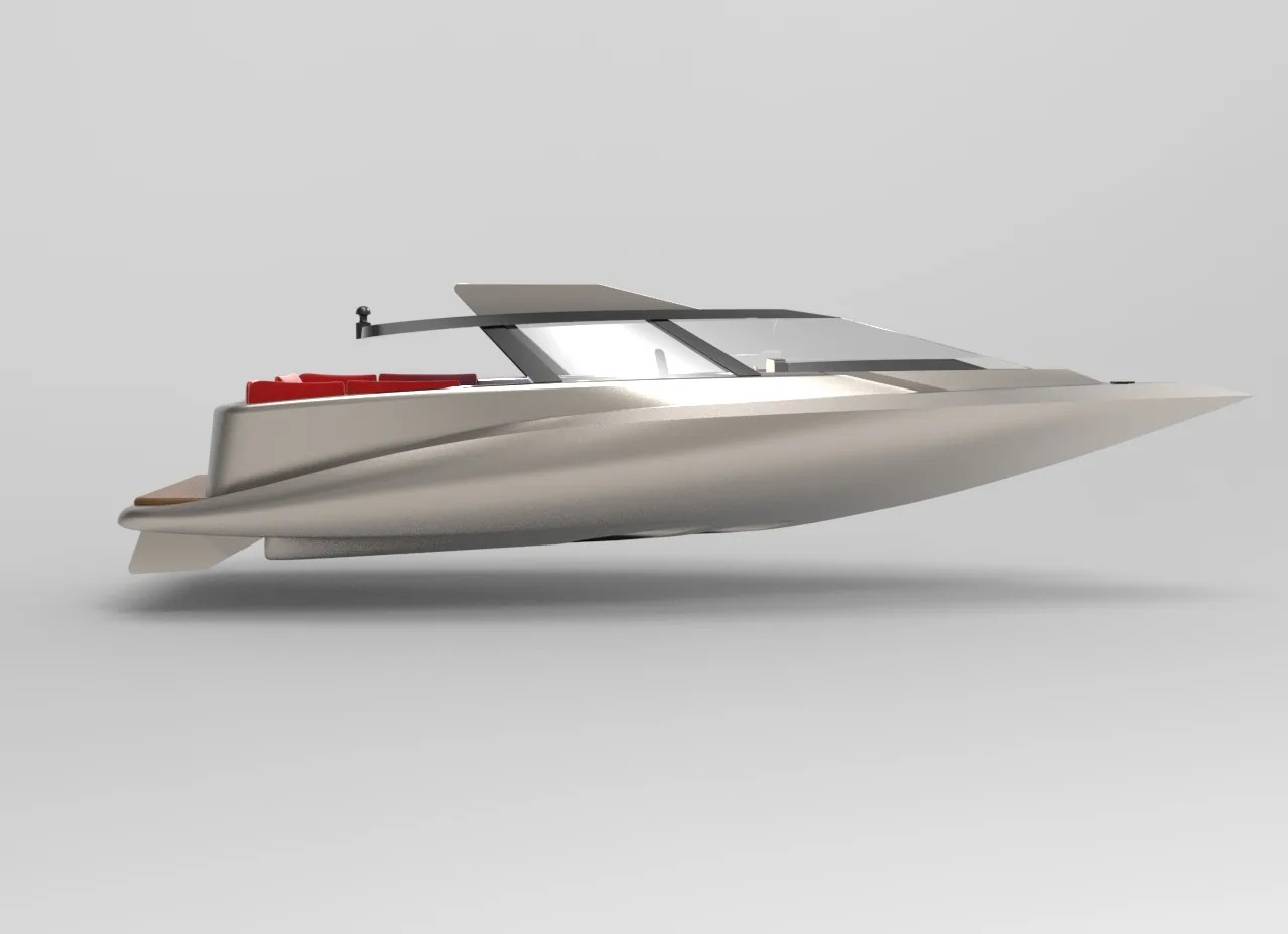 Side profile of the silver yacht on a grey studio backdrop