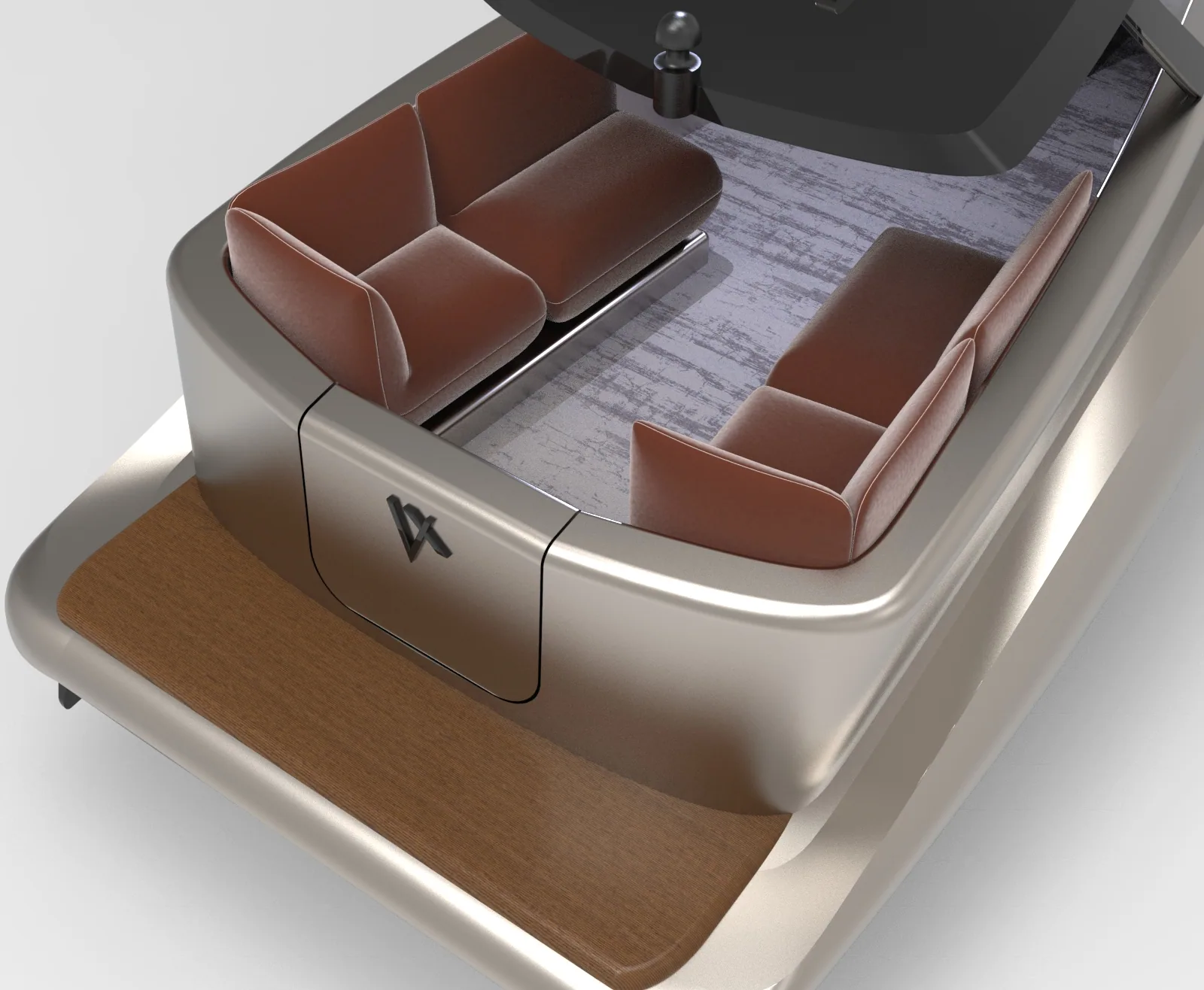 Stern deck with brown seats and teak platform in studio light