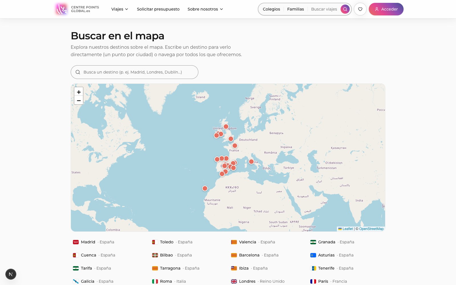 Map search page built with Leaflet, showing destination pins across Spain and Europe