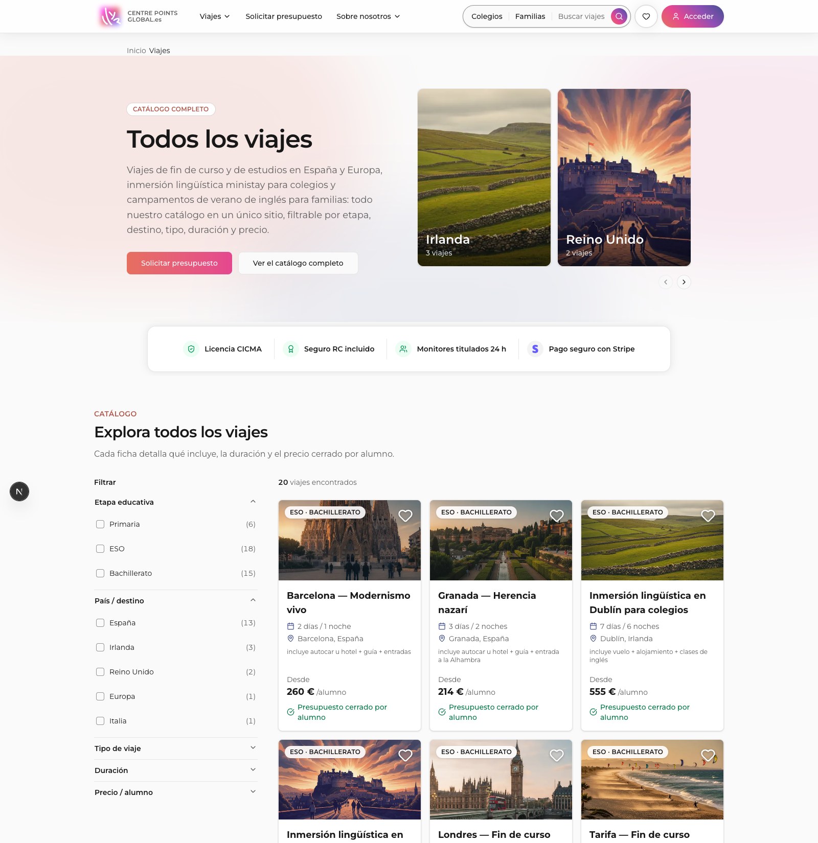 Trip catalog with faceted filters by stage, destination, type and price, 20 trips live