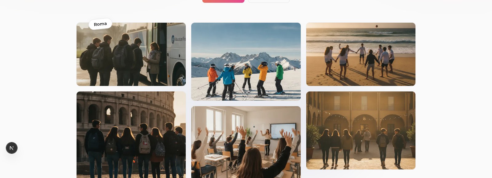 Centre Point Global homepage, montage of school-trip photos: Rome, skiing, a beach group and a classroom