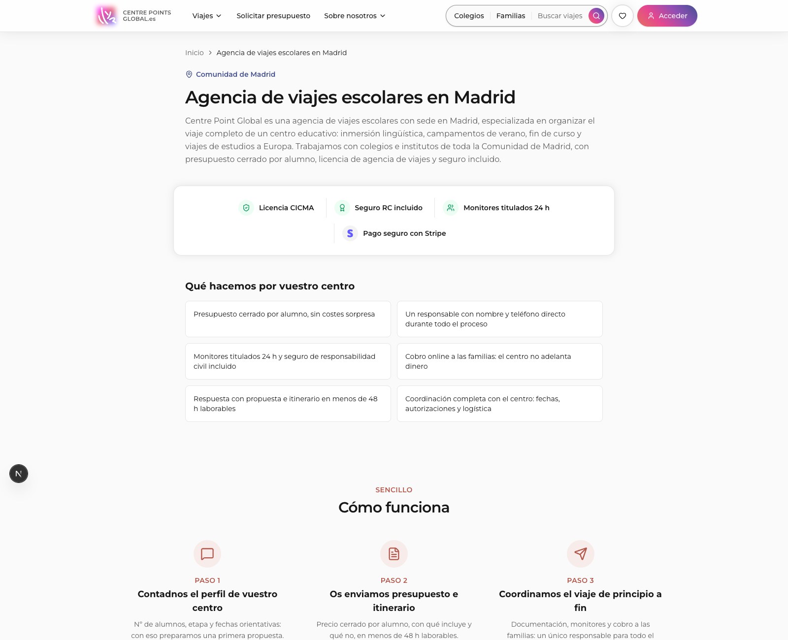 Local SEO landing page, agencia de viajes escolares en Madrid, with trust badges and a how-it-works section