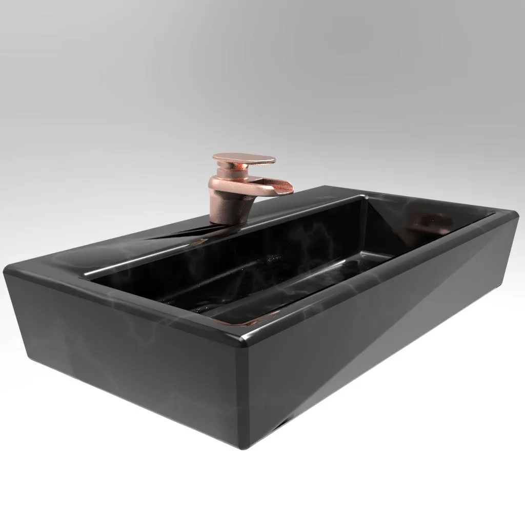 Brushed rose-copper single-lever waterfall faucet on a black marble basin, KeyShot render