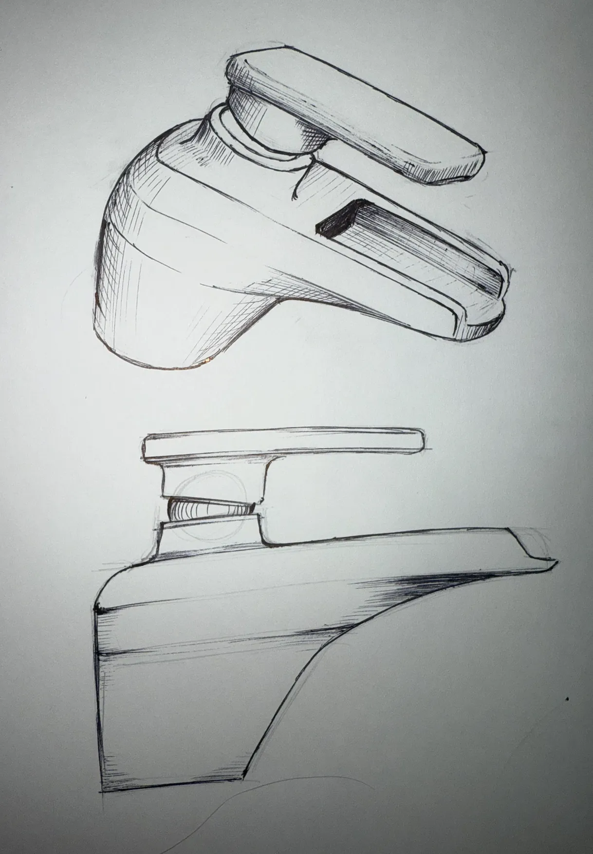Pen sketches of the faucet: perspective view and side elevation with hatching
