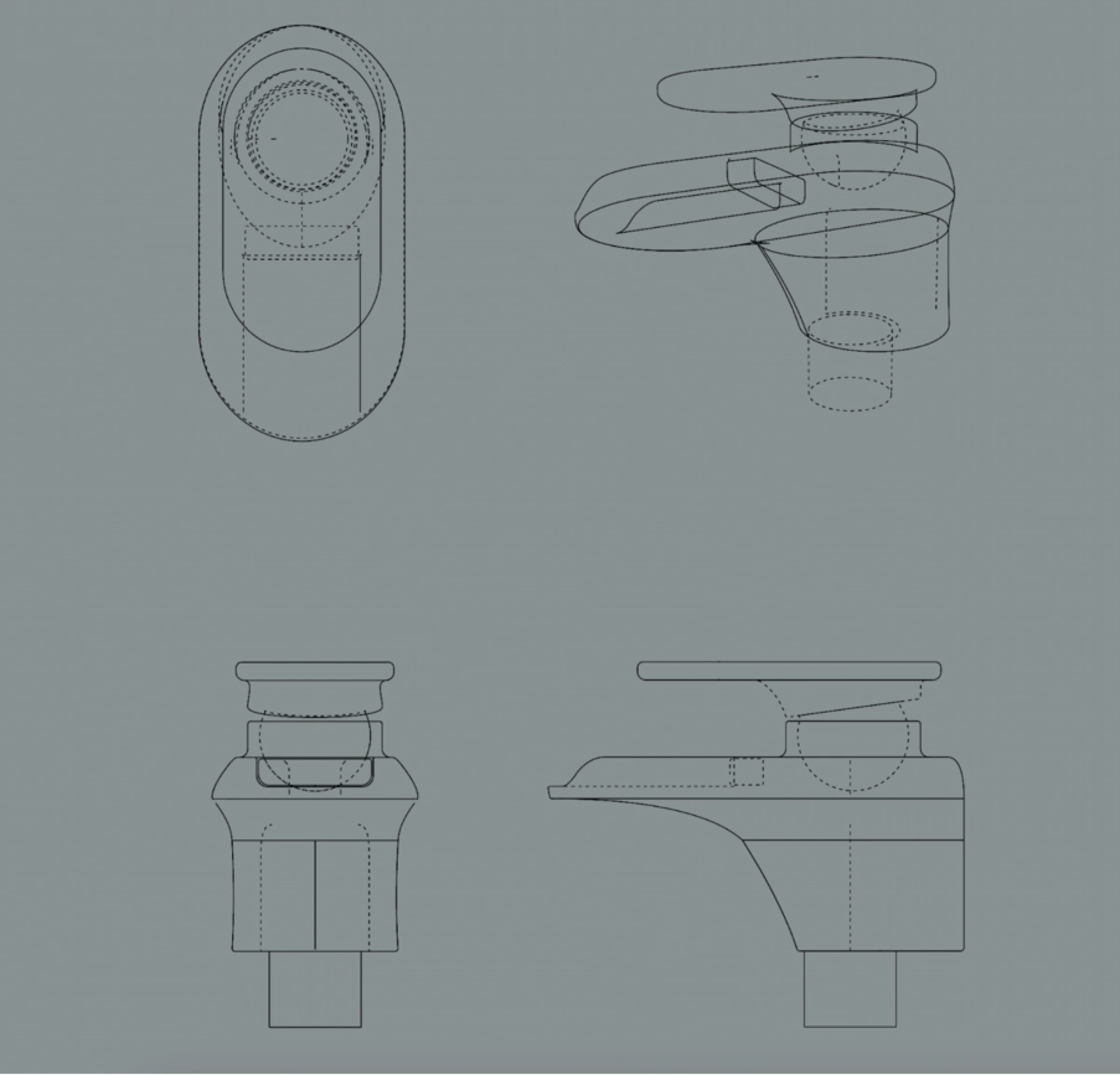 Four-view orthographic line drawing of the faucet: top, isometric, front and side, hidden lines dashed