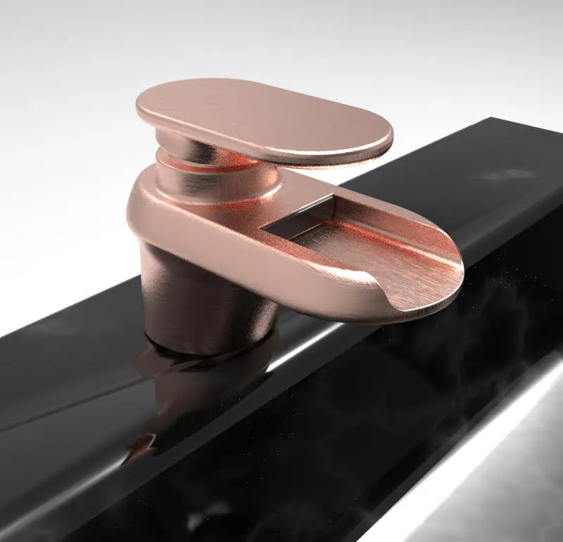 Close-up of the oval lever and open waterfall spout channel
