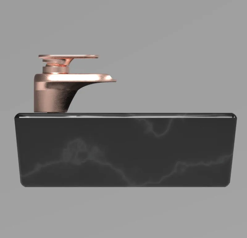 Side view of the faucet showing lever, collar and swept spout over the basin edge