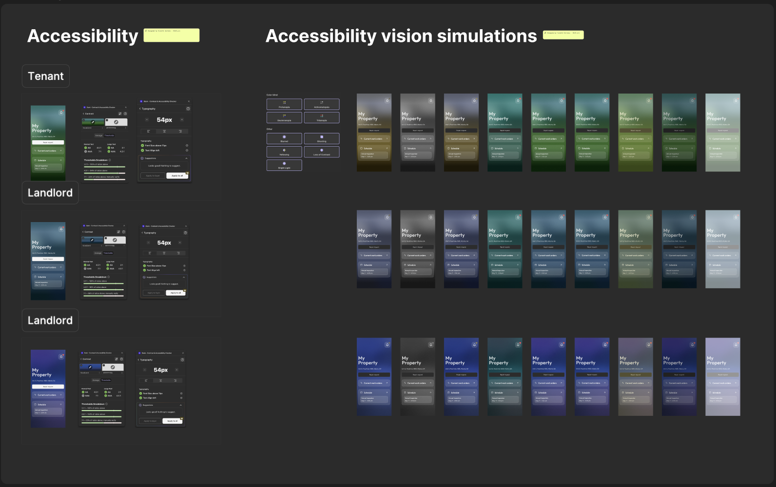 Accessibility AAA audit and vision simulation, color contrast verification and protanopia, deuteranopia, and tritanopia simulations applied to Housing Help screens