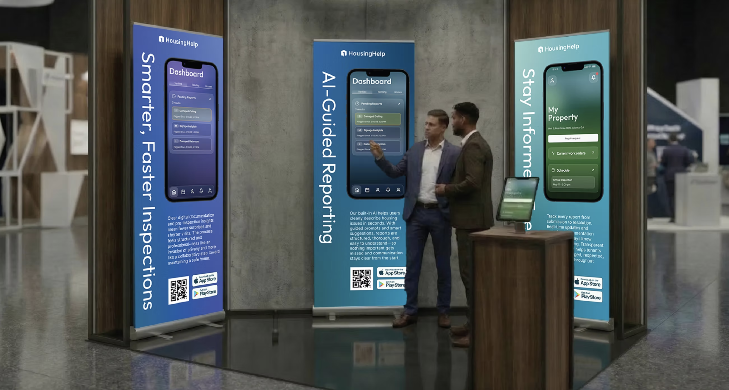 Three convention roll-up banners showing Housing Help's role-based color system, purple for inspectors, blue for AI-guided reporting, green for tenants