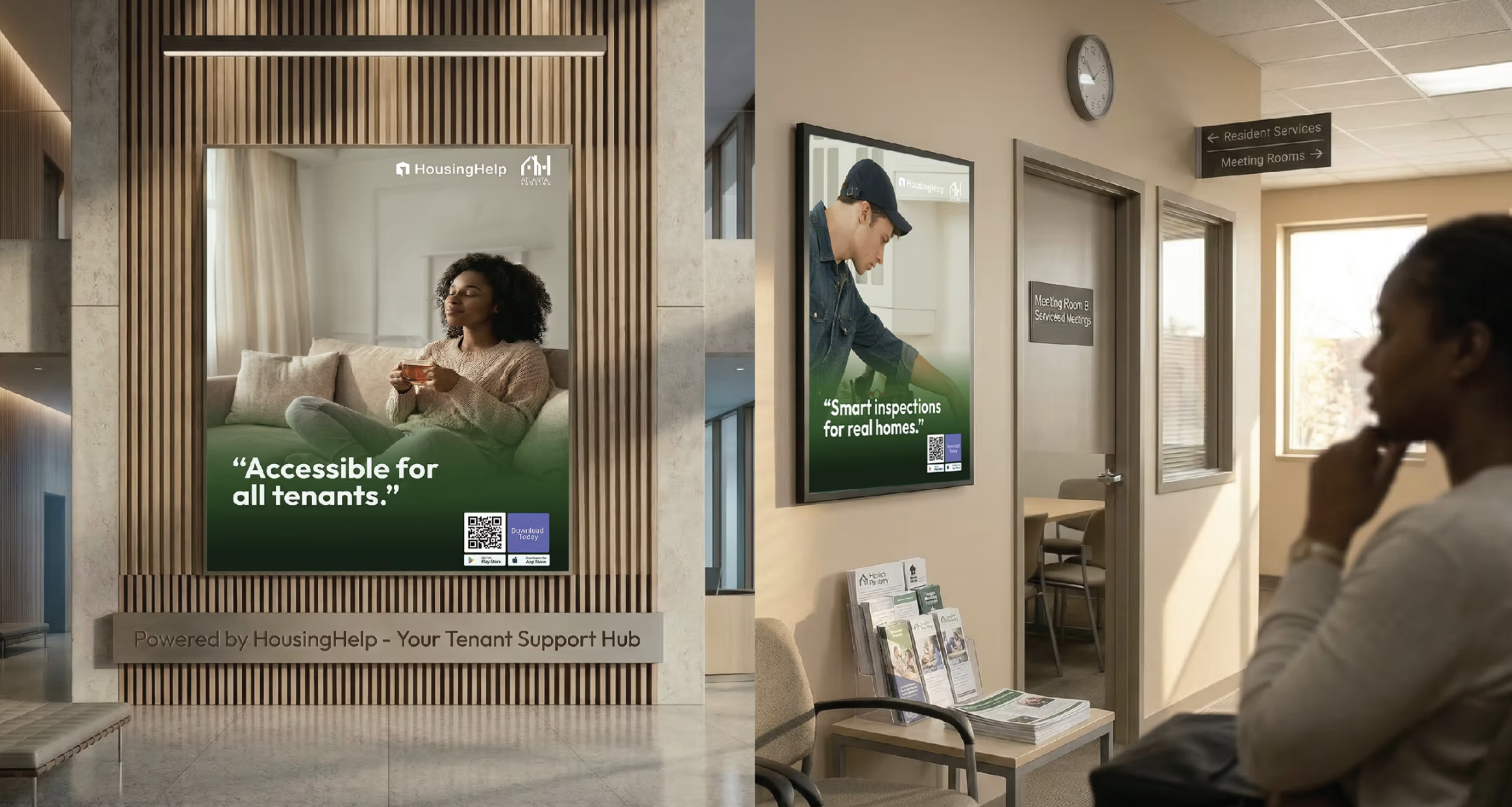Housing Help brand posters in office and waiting room environments