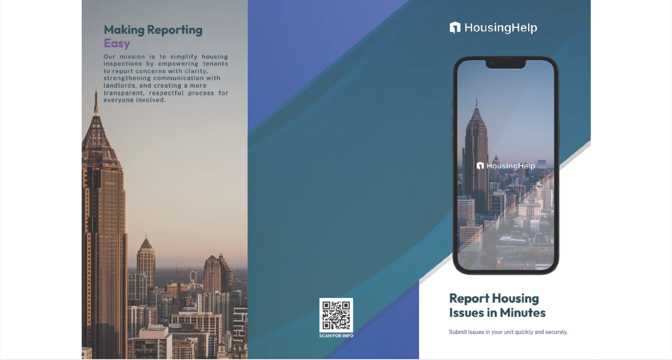 Housing Help promotional banner, Making Reporting Easy with phone mockup