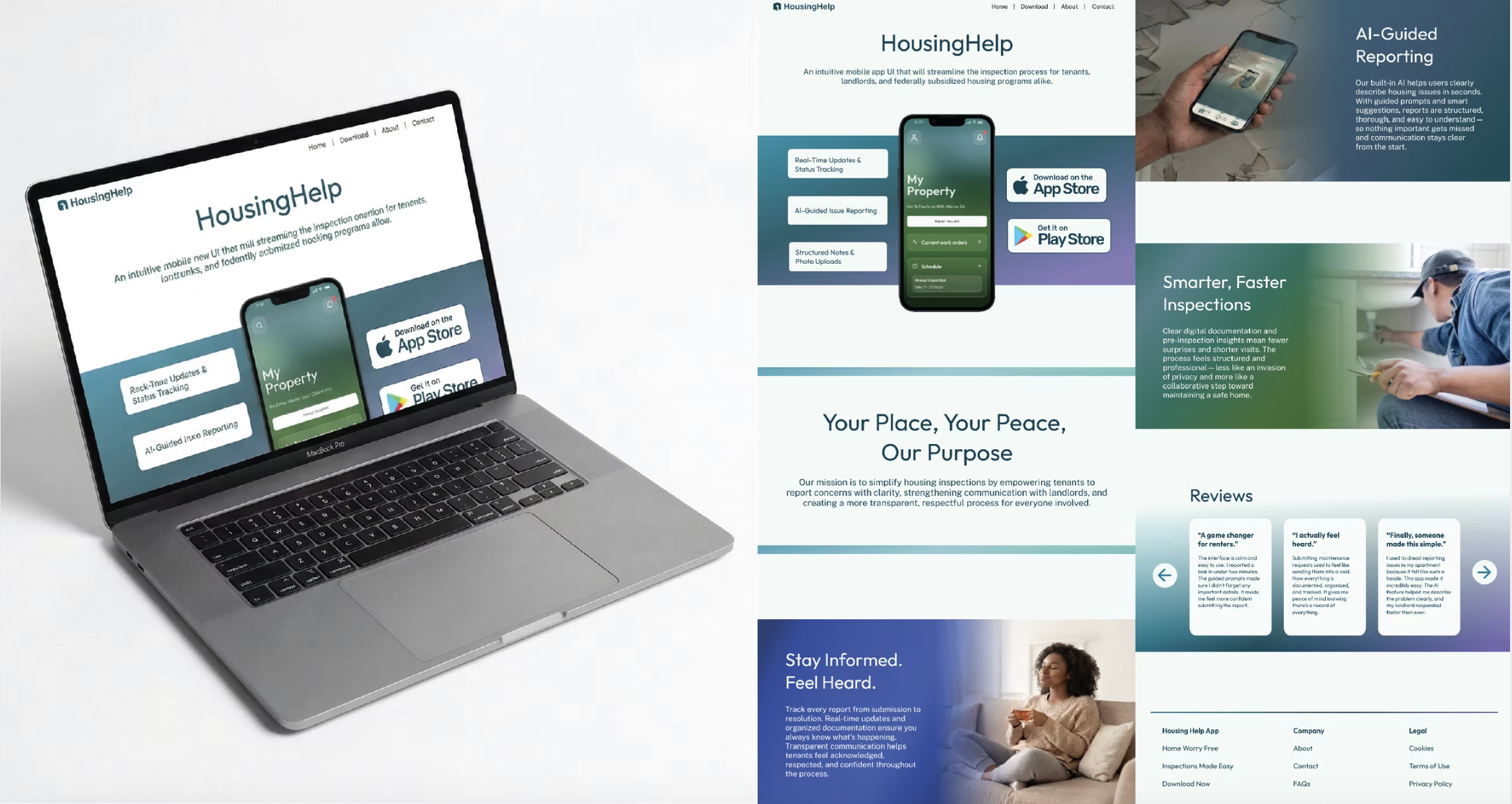 Housing Help marketing website mockups on laptop showing landing page design and feature sections