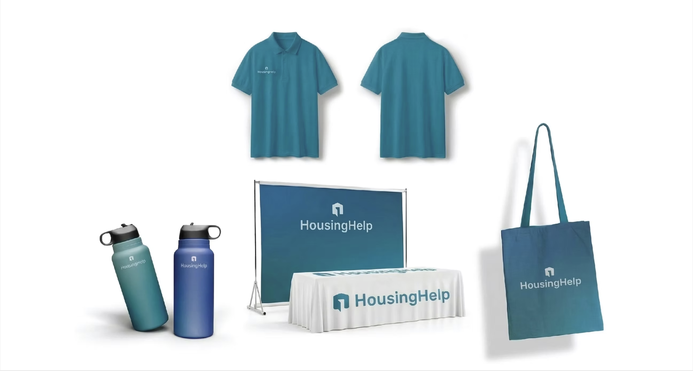Housing Help branded merchandise, polo shirts, water bottles, event table setup, and tote bags