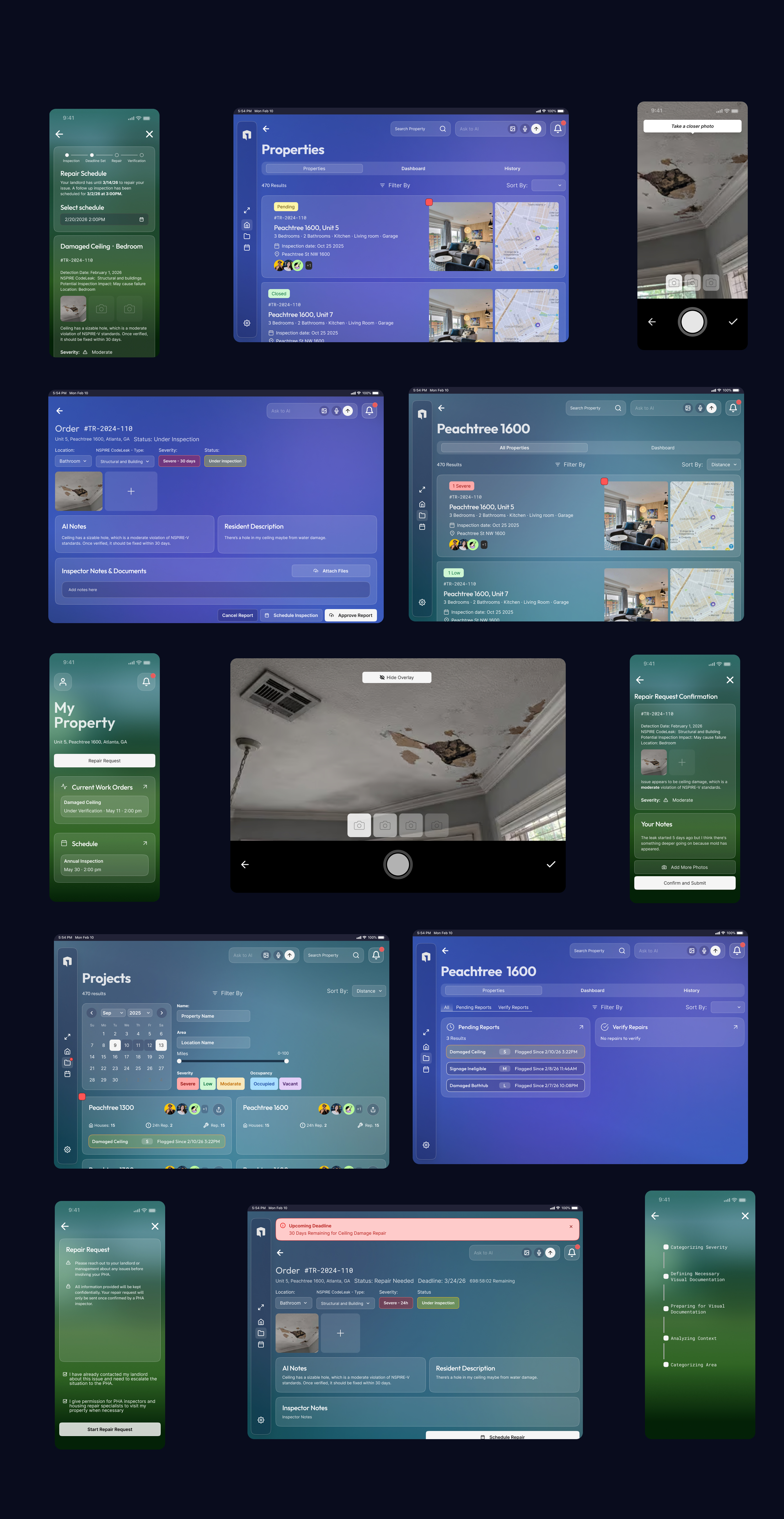 Complete UI overview of Housing Help, inspector dashboard, tenant reporting, landlord compliance, photo capture with AI guidance, and property management screens