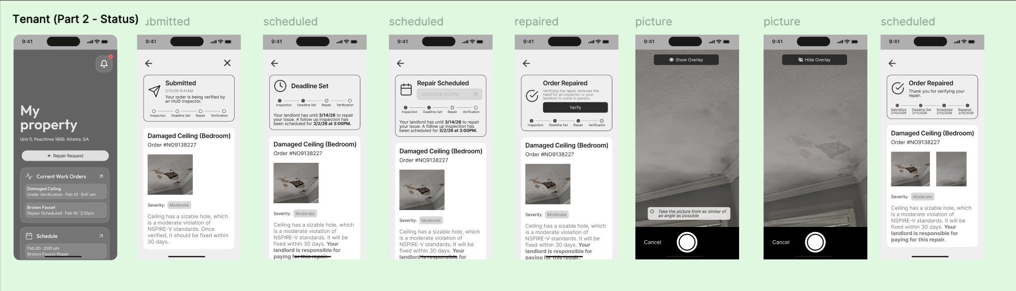 Mid-fidelity wireframes showing the tenant status flow, from dashboard notification through photo capture to repair confirmation