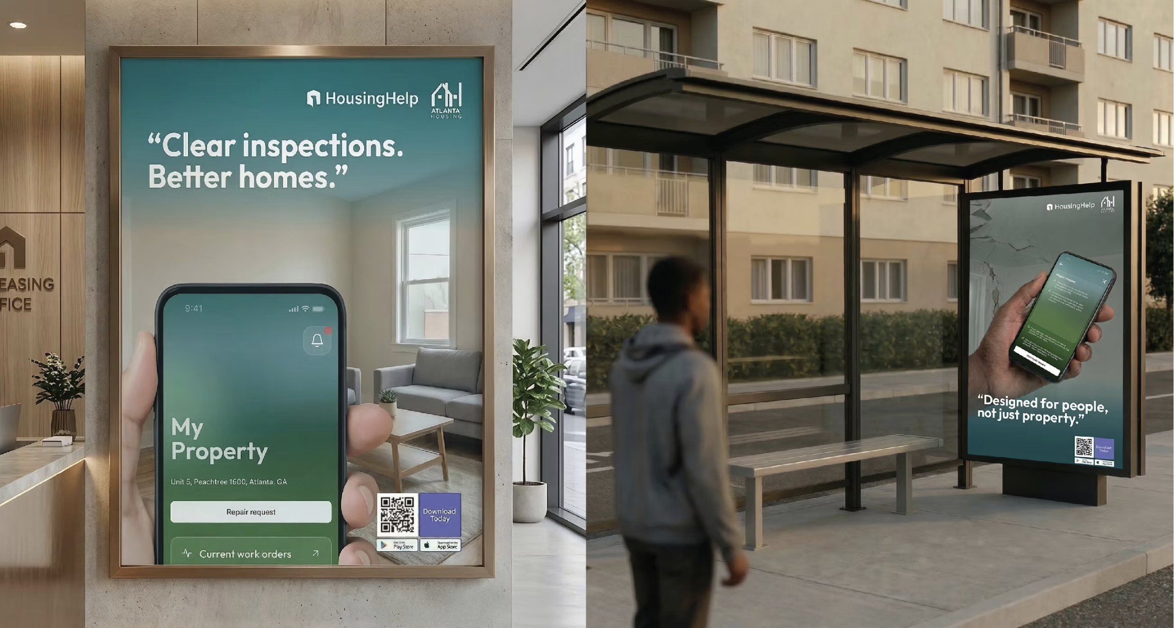 Housing Help outdoor advertising, bus stop billboard and indoor poster with app screens
