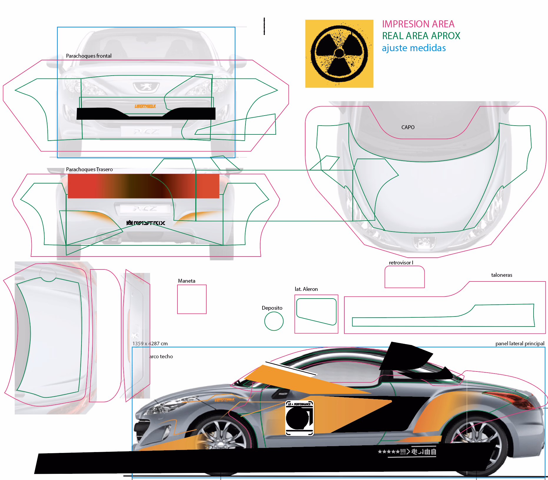 Illustrator panel layout showing measured car panels with texture direction guides, vector graffiti graphics, and radiation zones mapped across the vehicle surface