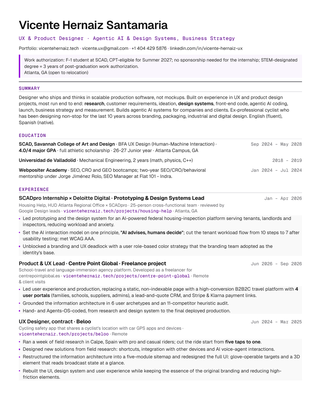 Page 1 of the resume PDF: header with contact details and work authorization, summary, and the experience section covering SCADpro with Deloitte Digital, independent client work, and Beloo. The same content in text is on this page.