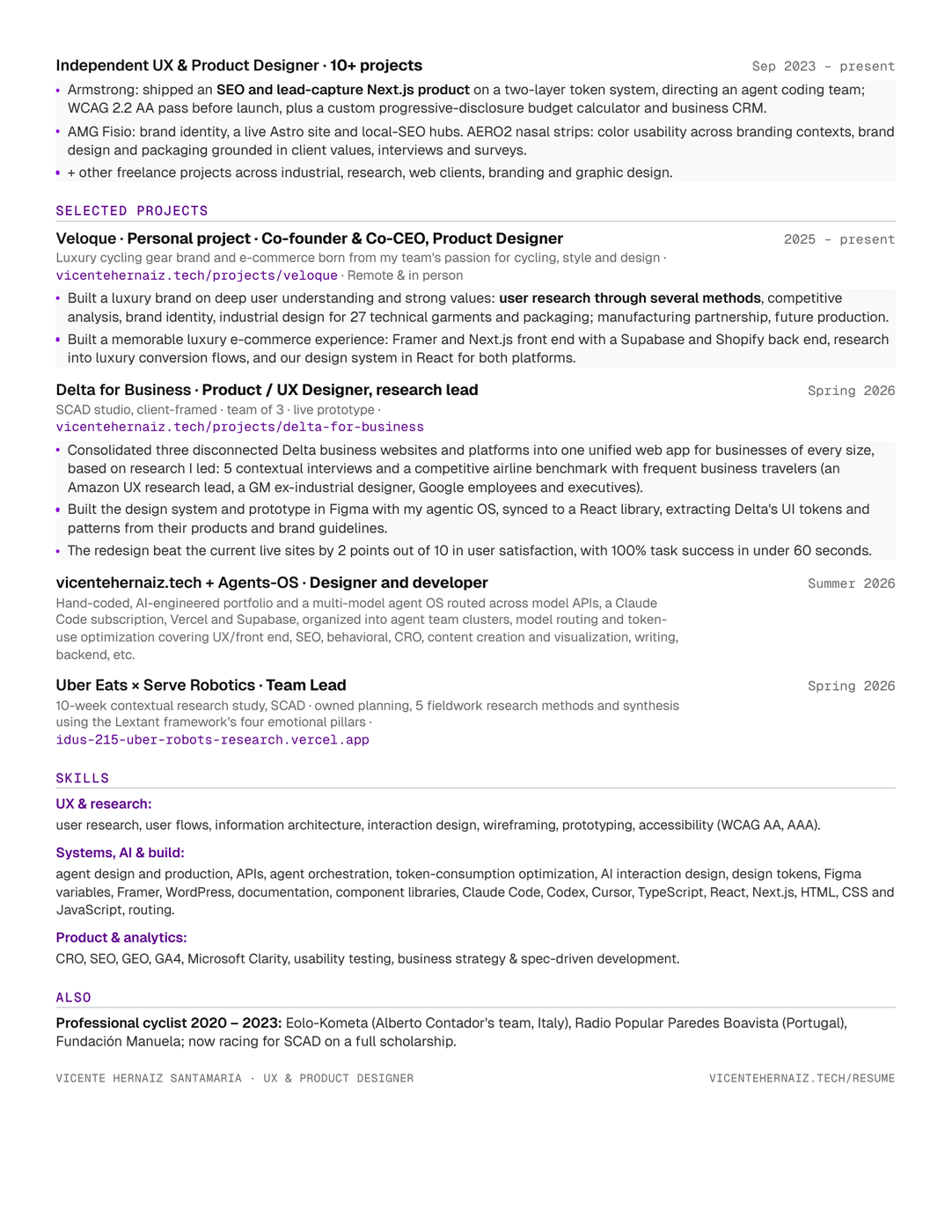 Page 2 of the resume PDF: selected projects including Delta for Business, Uber Eats with Serve Robotics and Veloque, followed by education, skills and a closing note on professional cycling. The same content in text is on this page.