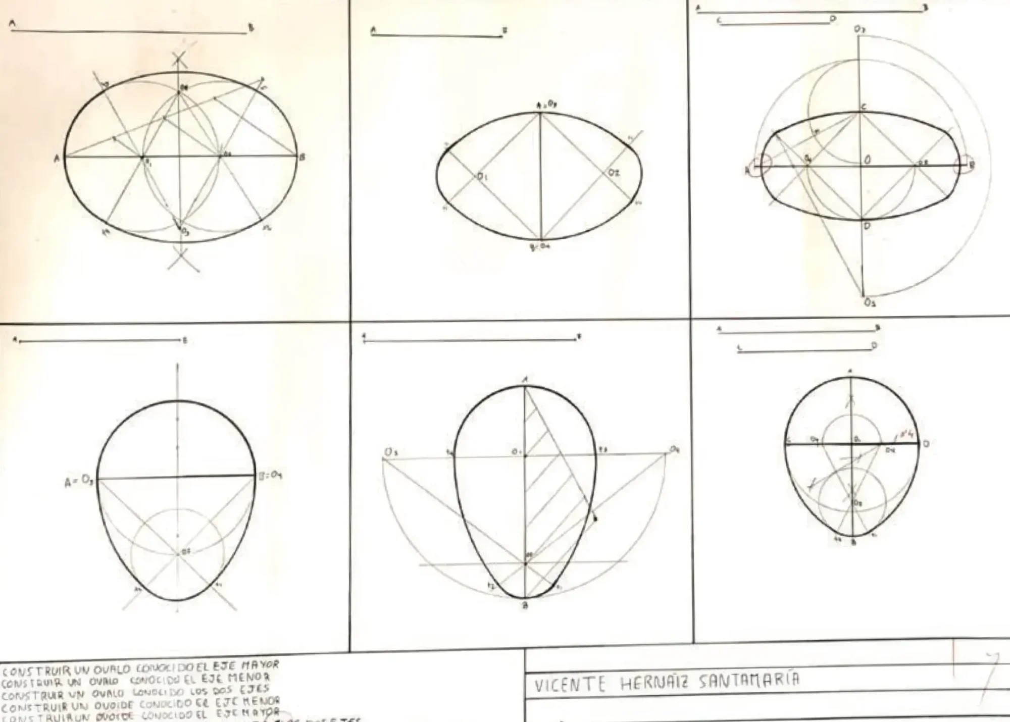 Hand-drawn technical geometry plate constructing ovals and ovoids with compass construction lines