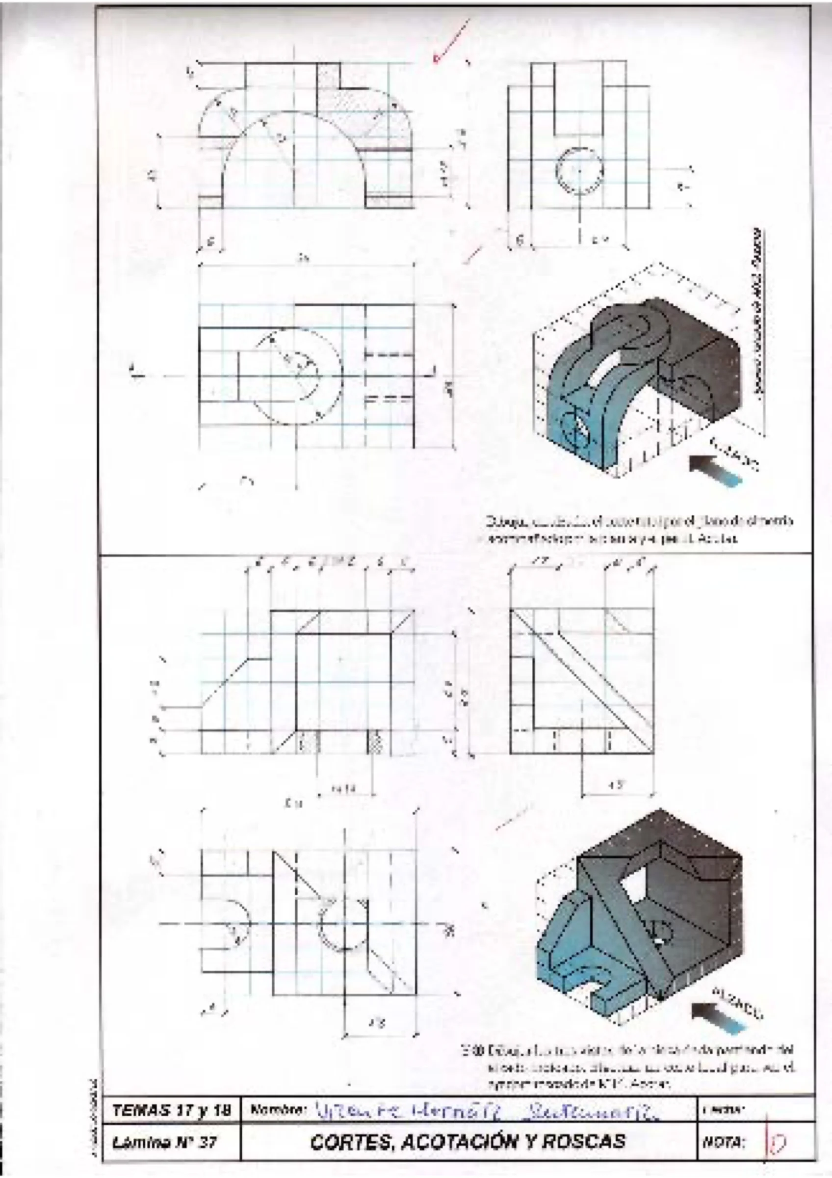 Plate "Cortes, acotación y roscas": orthographic views, hatched sections and dimensions beside a shaded isometric of the part