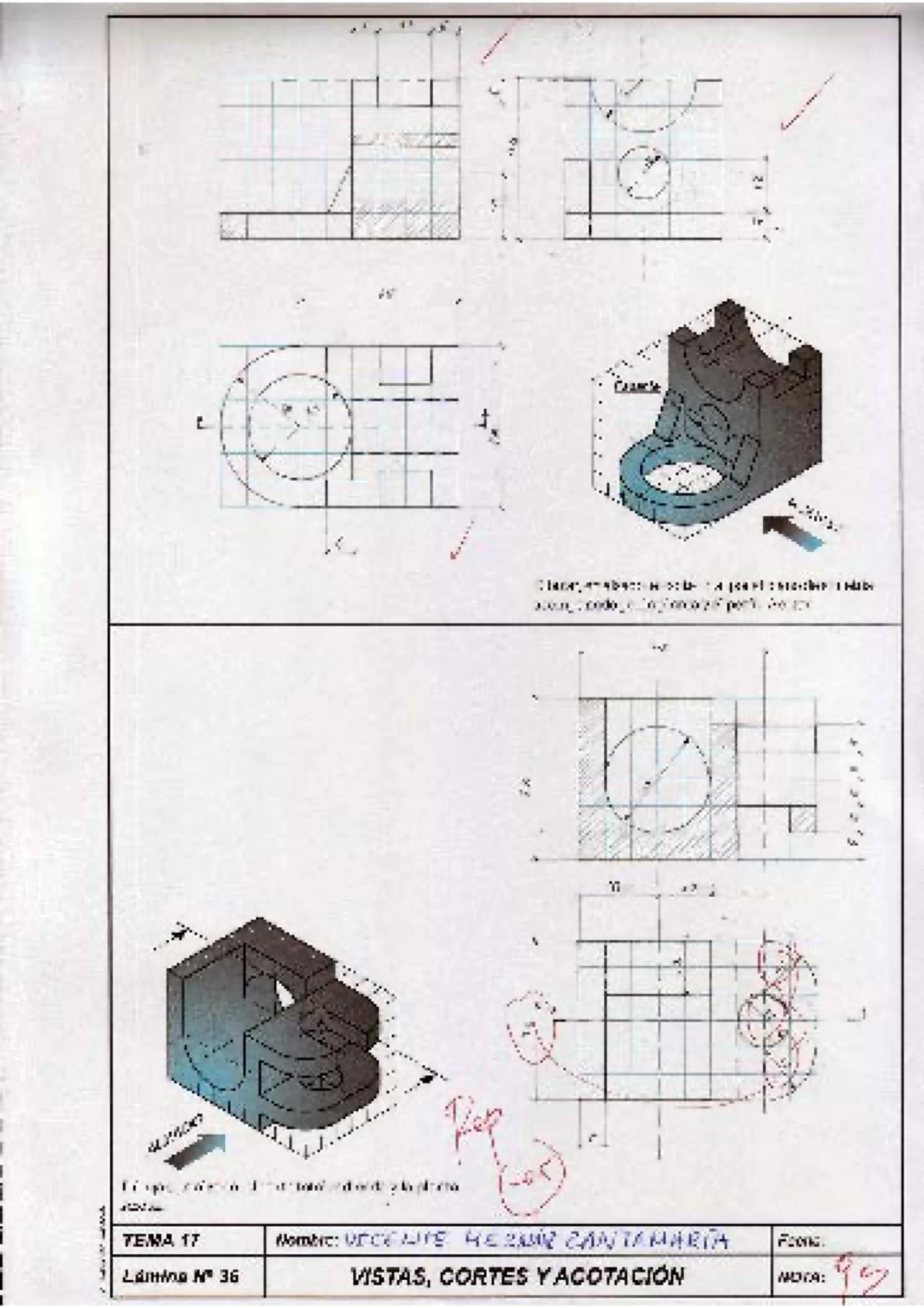 Plate with two parts drawn in three orthographic views with dimensioning and blue-shaded isometric renders