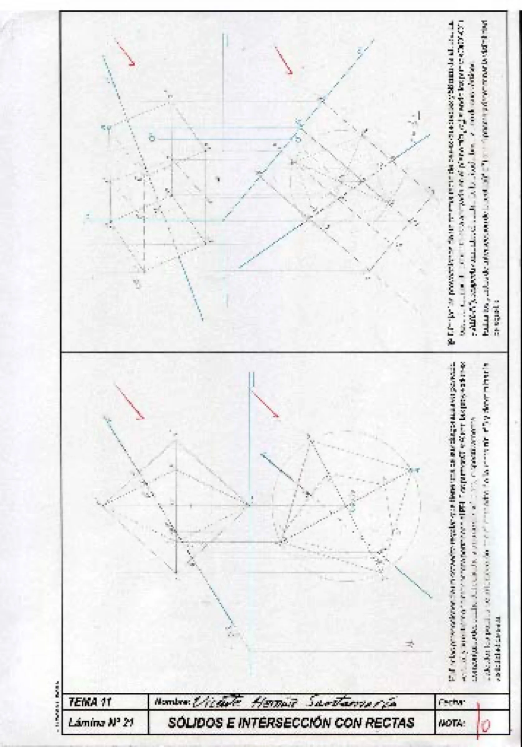 Descriptive geometry plate of solids intersected by lines, with construction lines in blue and black