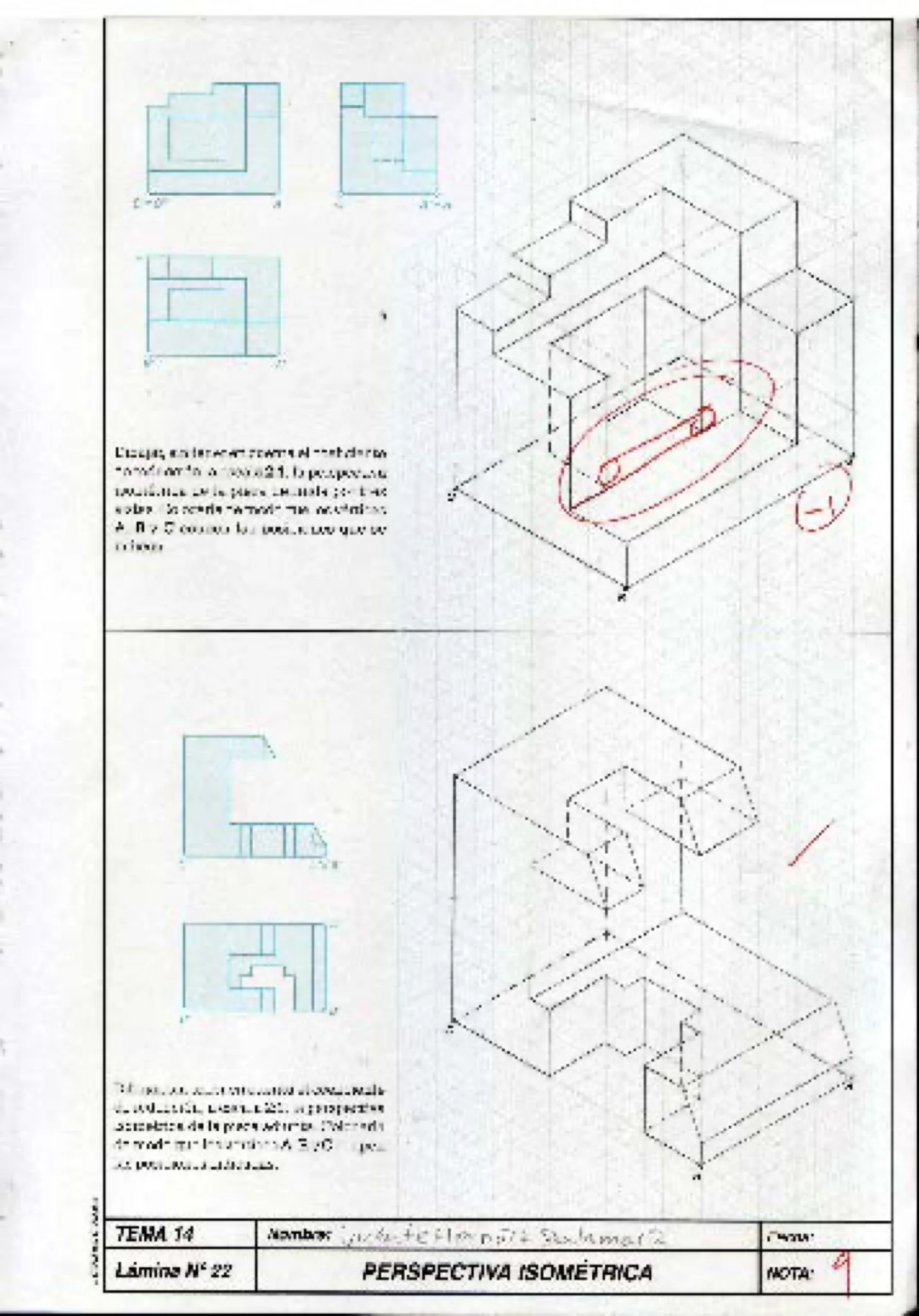 Isometric drawing of a complex part from its three views on isometric grid paper