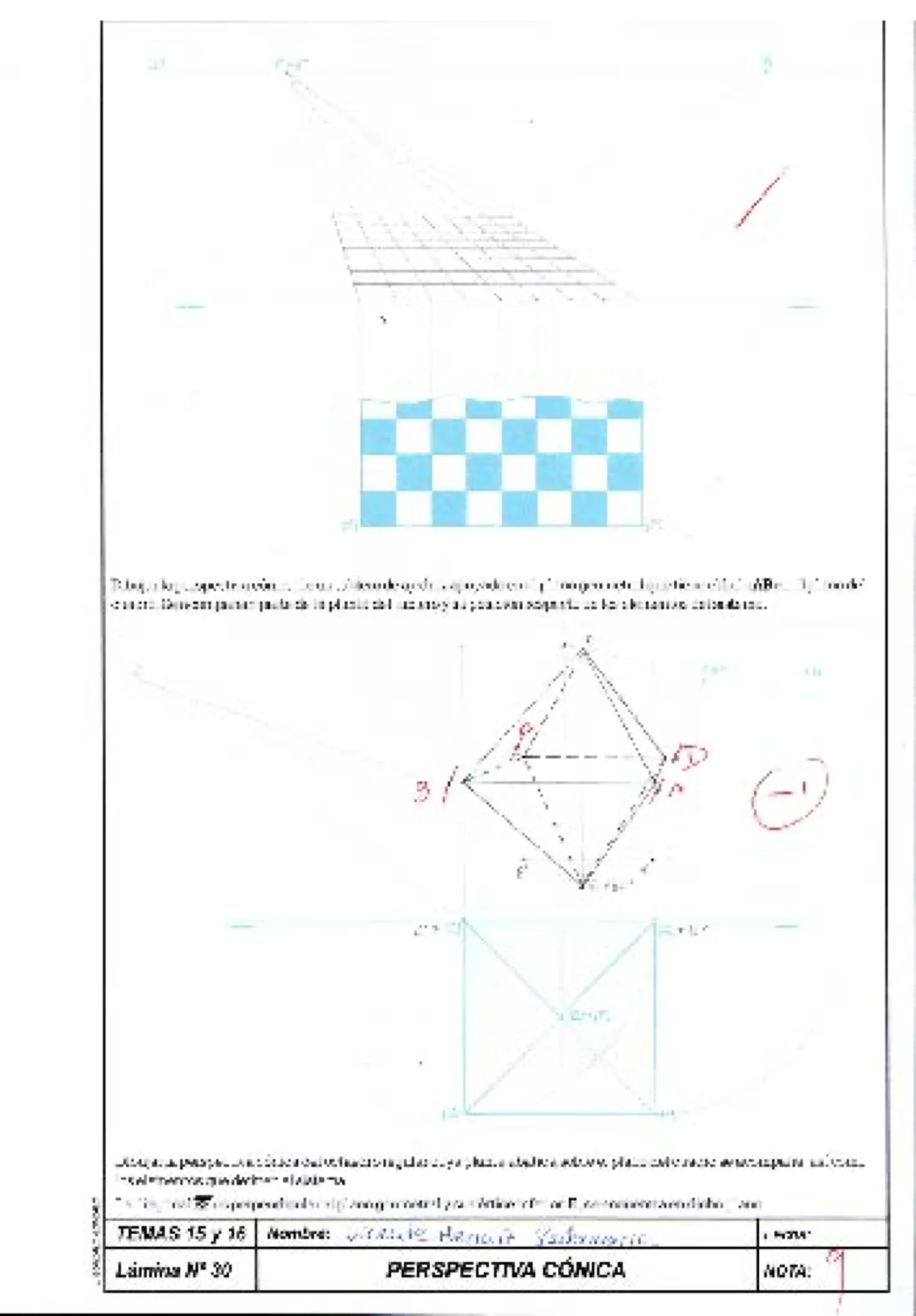 Conical (linear) perspective of a checkerboard plane and an octahedron