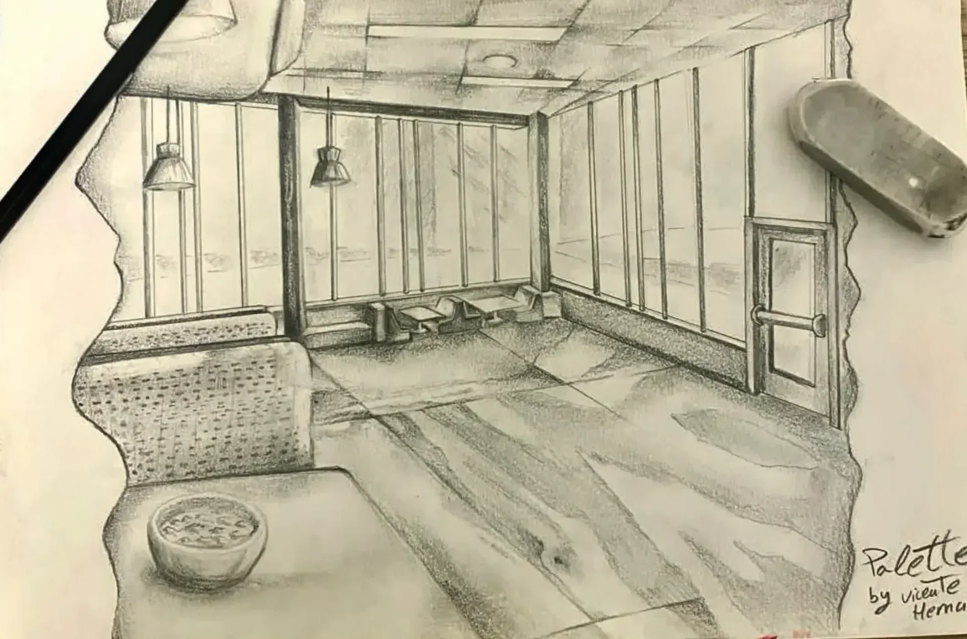 Graphite perspective drawing of an interior room with glass walls, pendant lamps, a door and a bowl on a table, with an eraser and a pencil on the sheet