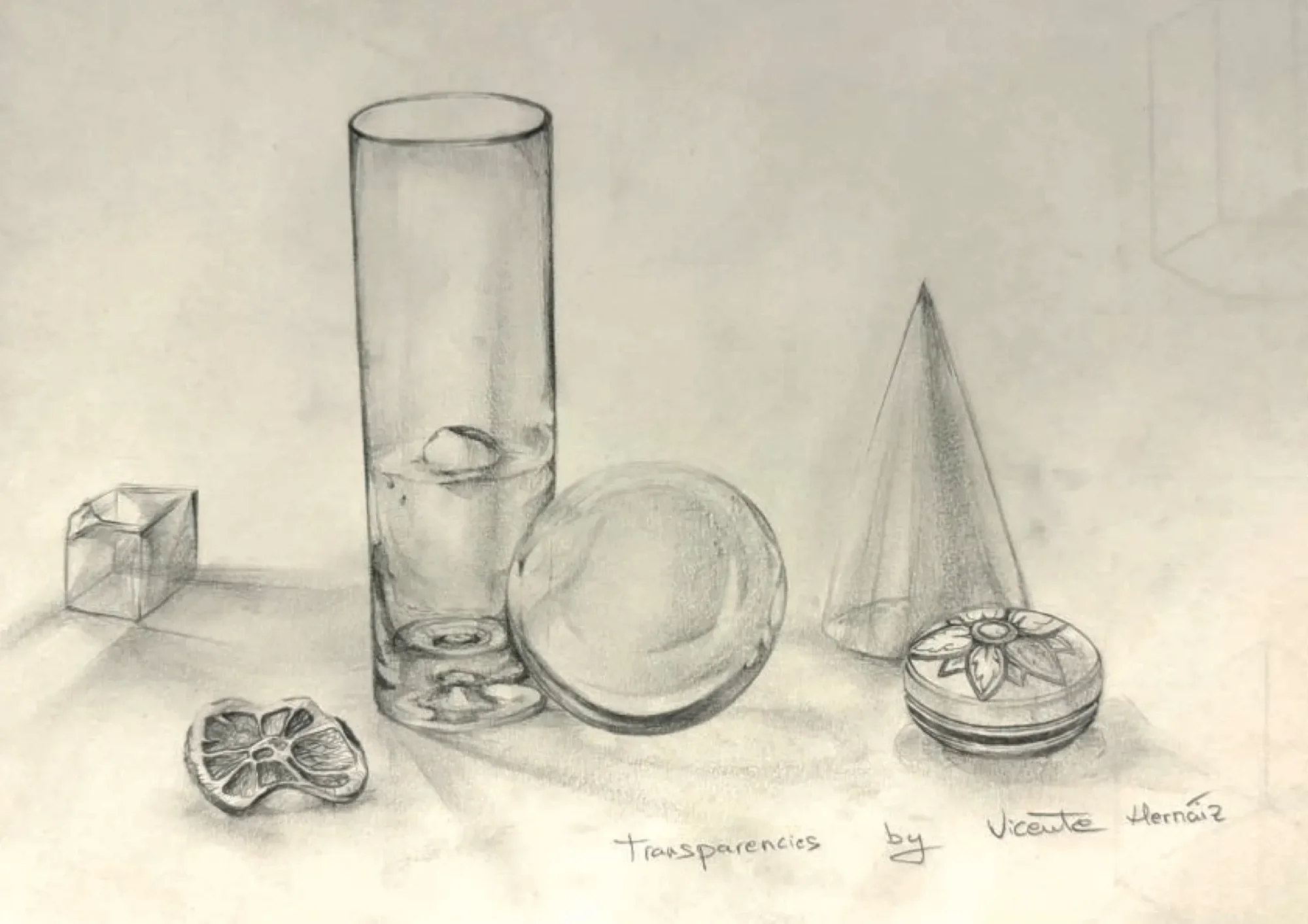 Pencil still life studying transparency and shading on a glass cylinder, sphere, cone and cube