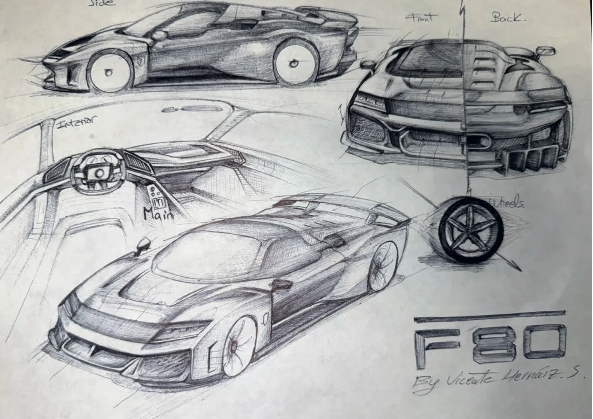 Ballpoint pen car concept sheet with front, side, interior and wheel views labelled