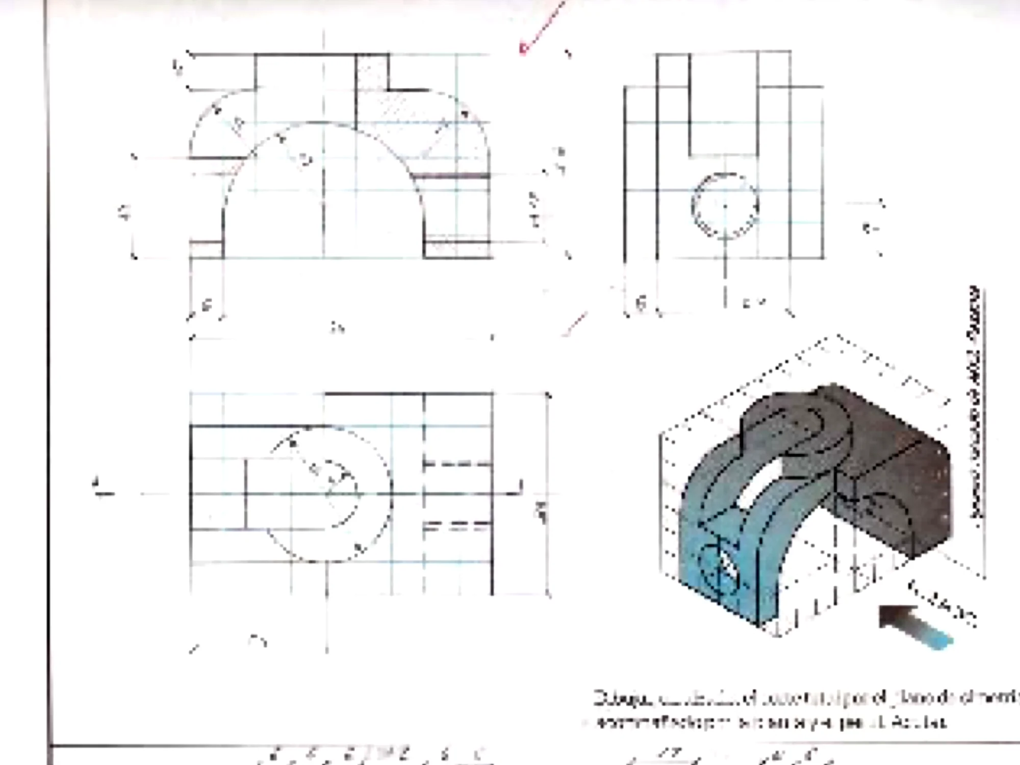 Technical plate: orthographic views with dimensions beside a blue-shaded isometric of the part