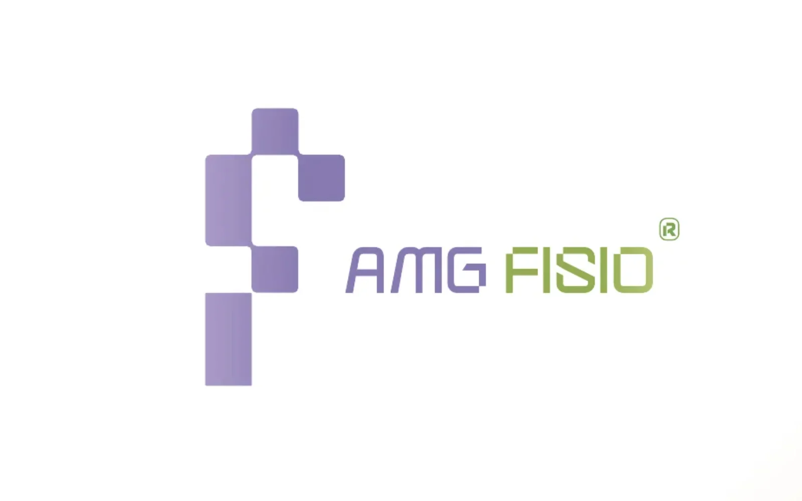 AMG Fisio logo: purple pixel F mark next to the purple and green wordmark