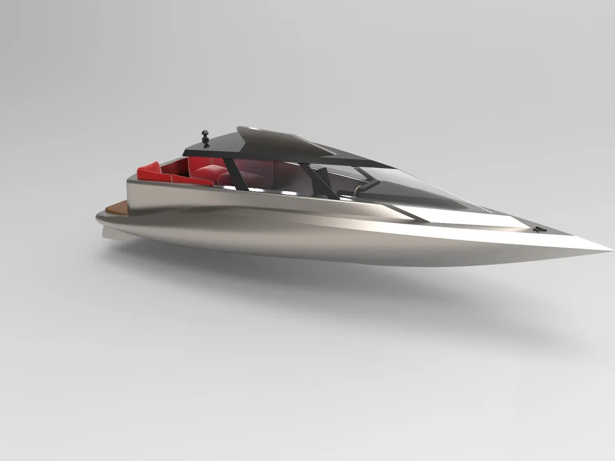 Studio render of the champagne-metal motor yacht from a three-quarter view, black hardtop and red stern seating