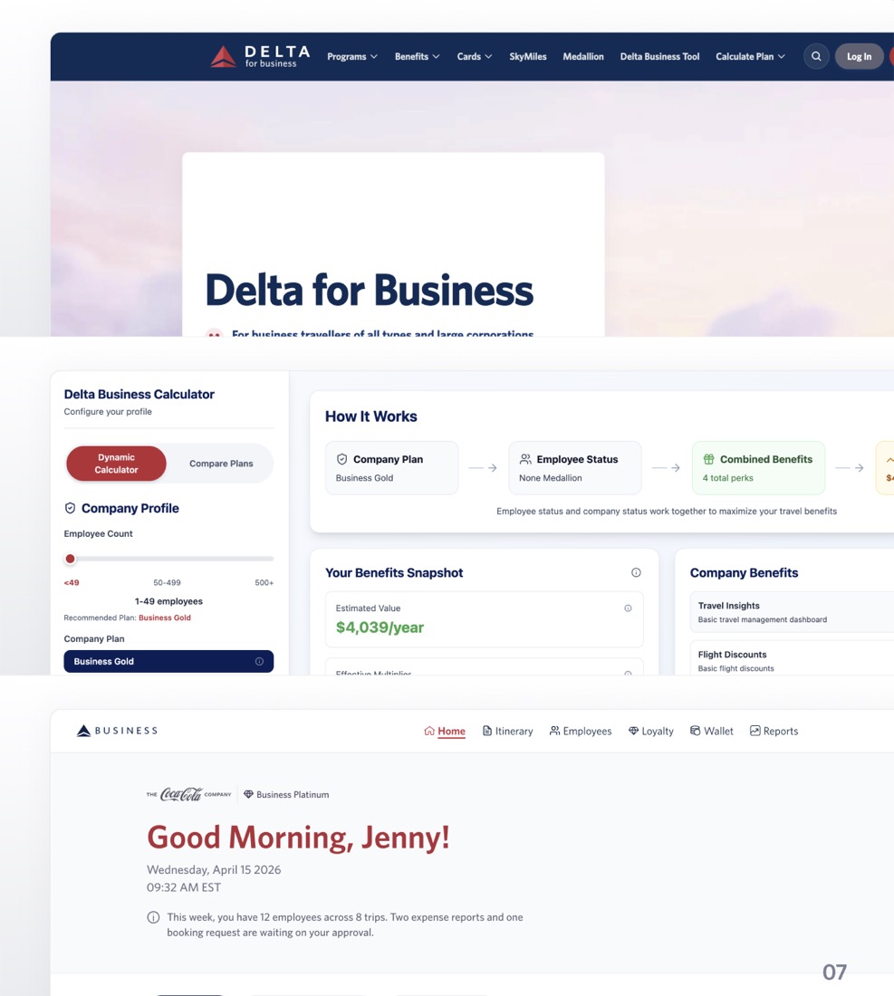 Delta for Business, redesigned public website and travel-manager dashboard