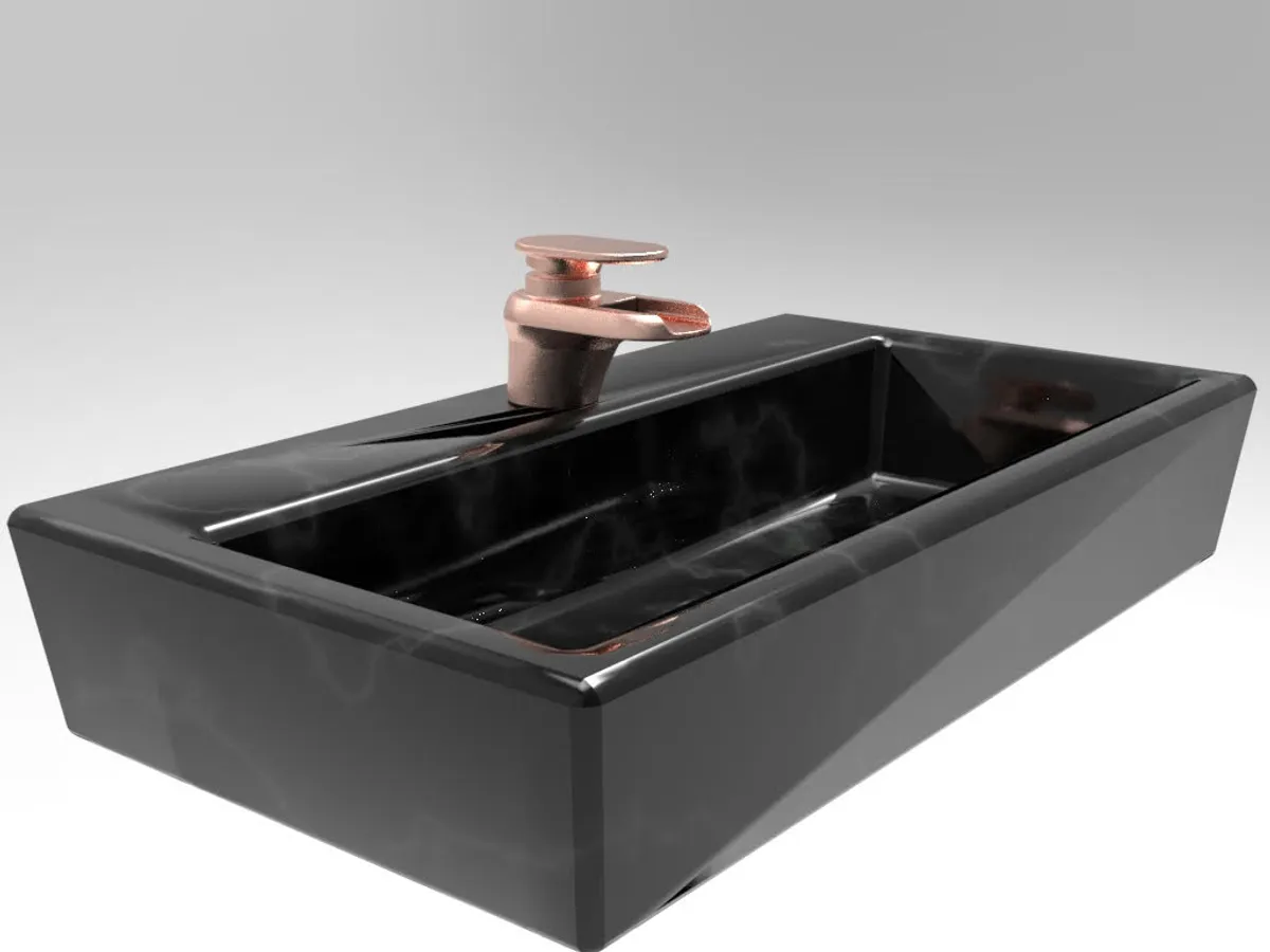 Brushed rose-copper single-lever waterfall faucet on a black marble basin, KeyShot render