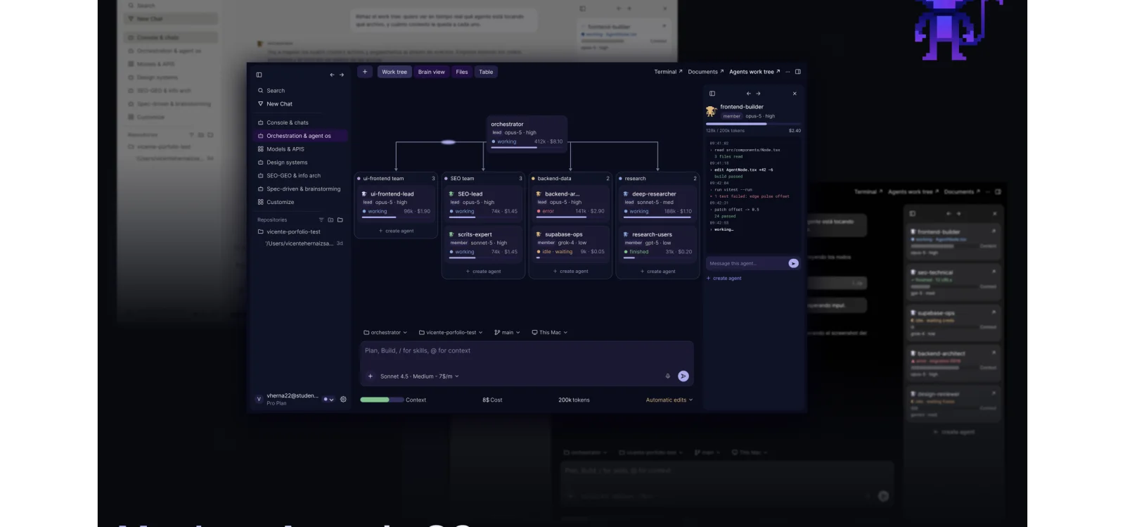 Monkey Agentic OS console: an orchestrator agent delegating to UI, SEO, backend and research agent teams