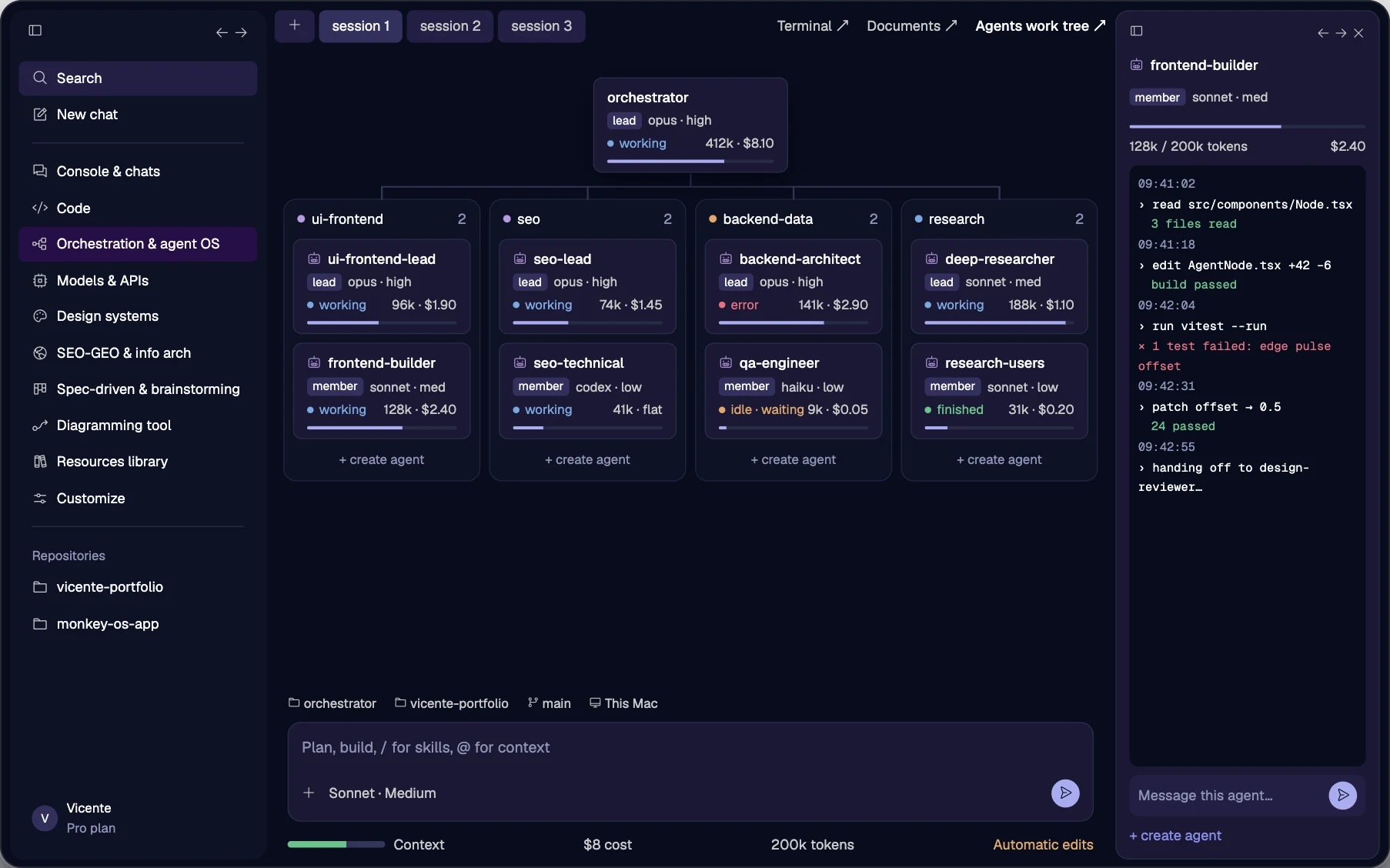 Monkey Agentic OS console: an orchestrator agent delegating to UI, SEO, backend and research agent teams