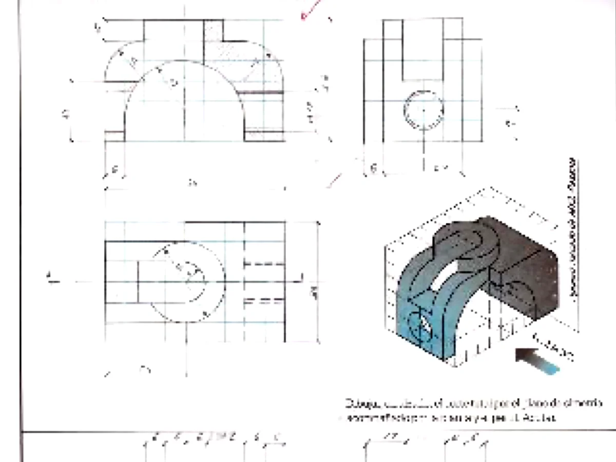 Hand-drawn technical plate with orthographic views, hatched sections and dimensions beside a shaded isometric