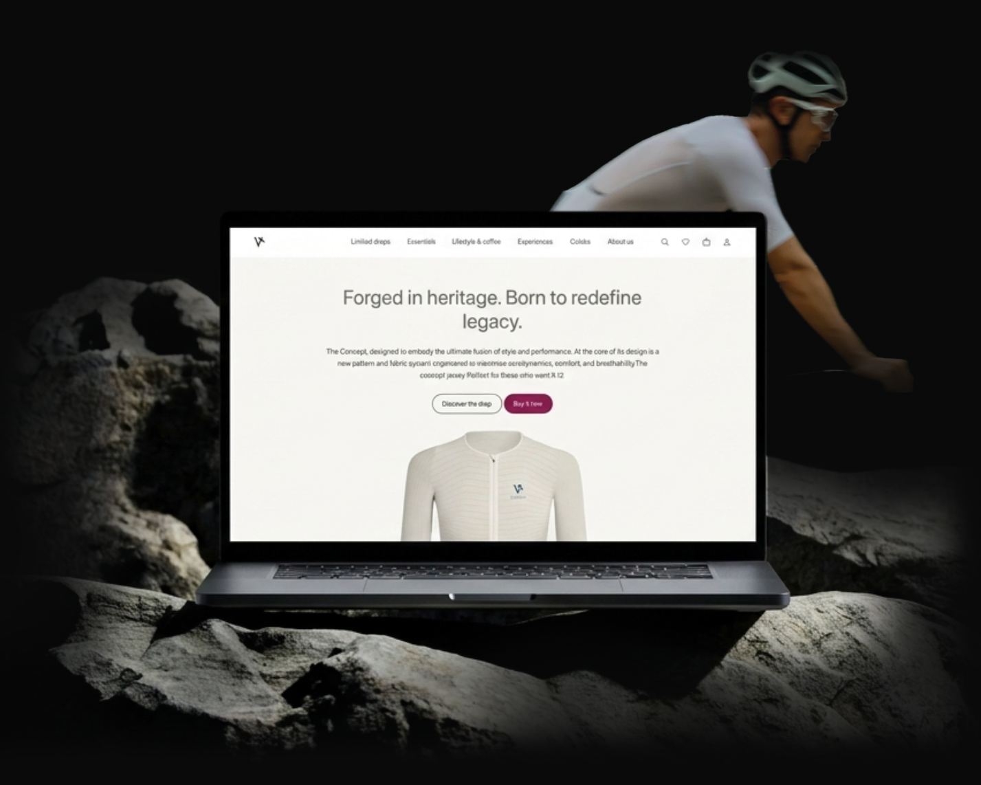 VELOQUE, luxury cycling maison hero visual, cyclist in white kit riding a VELOQUE bike