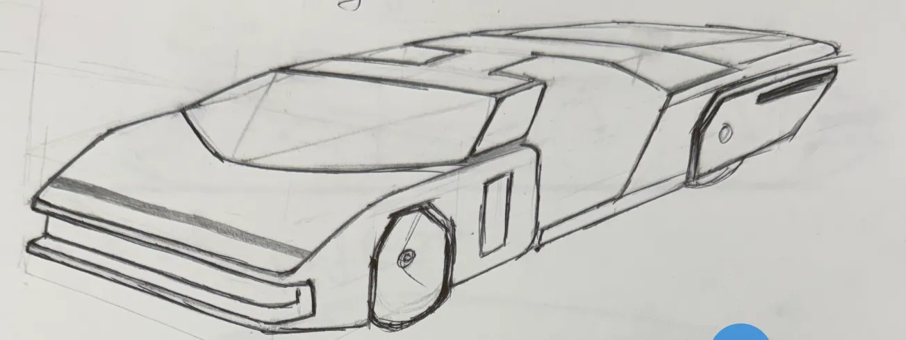 Pencil side-view sketch of a wedge-shaped futuristic car with large wheel pods