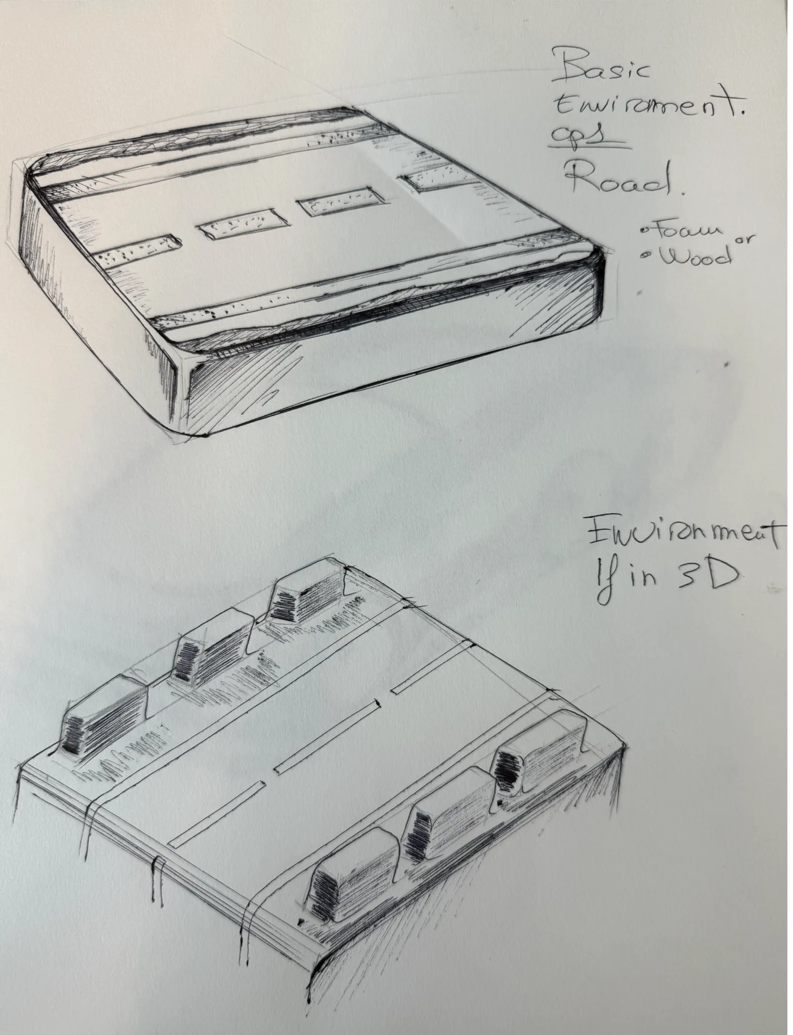 Pen sketch of the display base: road plate with raised blocks, noted for foam or wood