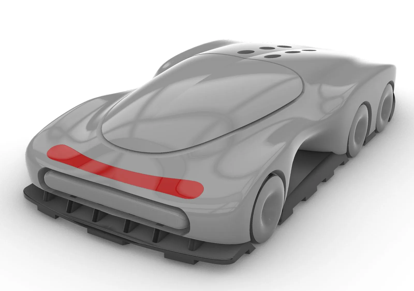 Rhino render of the car rear three-quarter: red light bar, rear diffuser underbody, six wheels