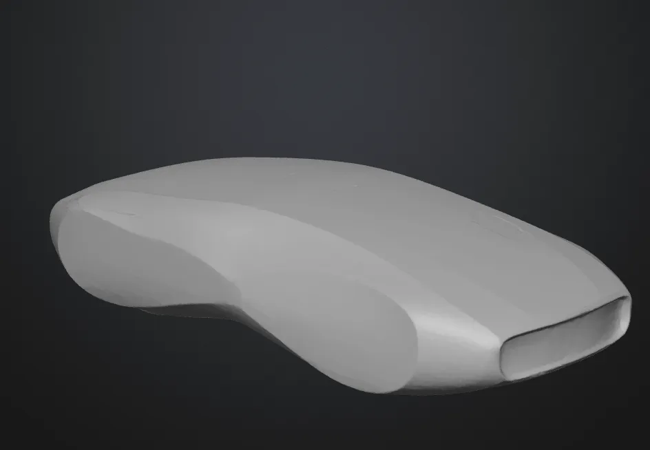 Grey clay-render concept car body on a dark background
