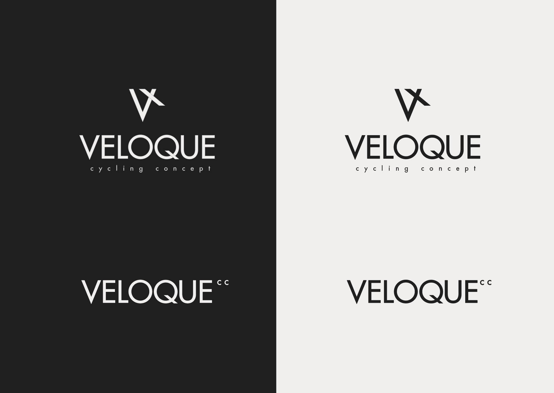 VELOQUE logo variants, primary wordmark, stacked descriptor lockup, monogram